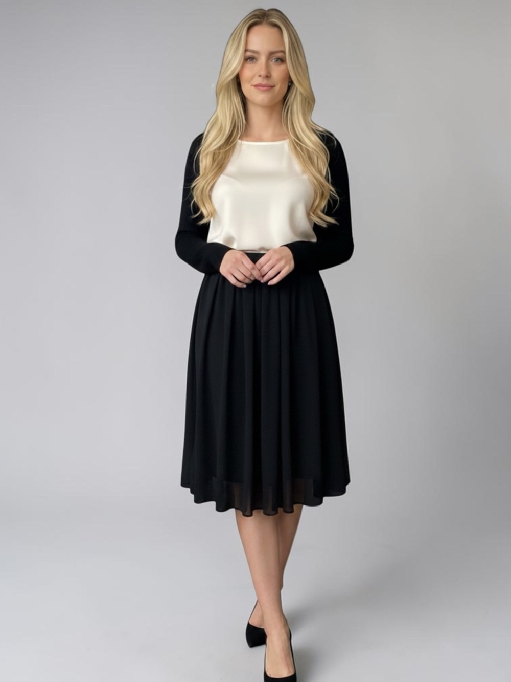Calvin Klein Black Pleated Chiffon Knee Length Skirt